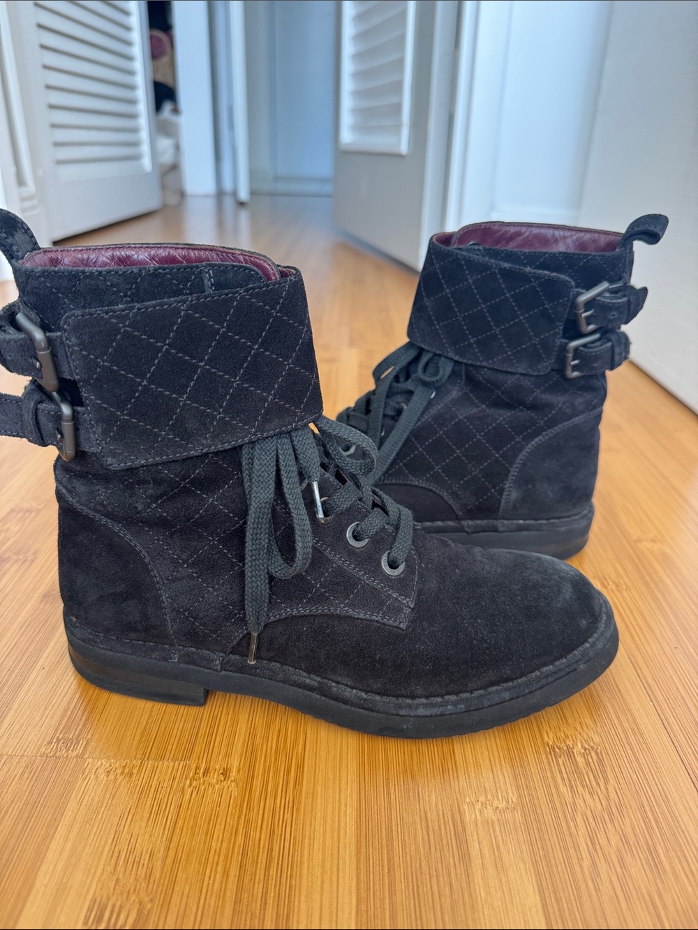 CHANEL Black Suede Combat Boots with Buckle Detail
